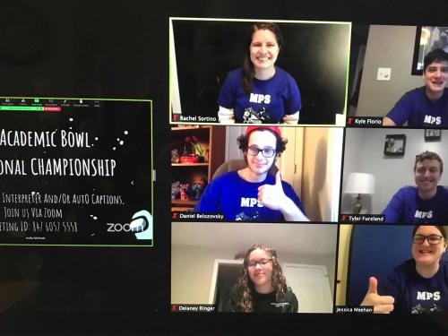 A Zoom screen with six students on the right and a black screen with text on the left - 2021 academic bowl east regional championship 