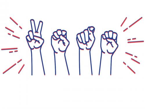 Four outlined hands depicting ASL letters V O T E