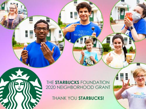 A collage of students with Starbucks drinks